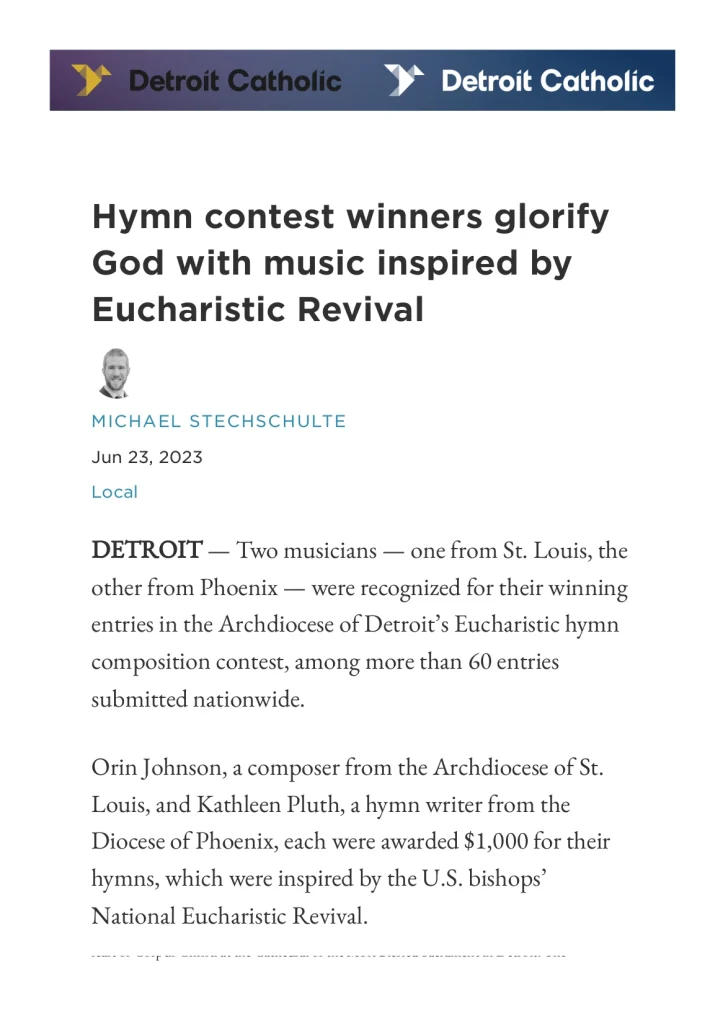 Image of article from Detroit Catholic newspaper, with title "Hymn contest winners glorify God with music inspired by Eucharistic Revival"