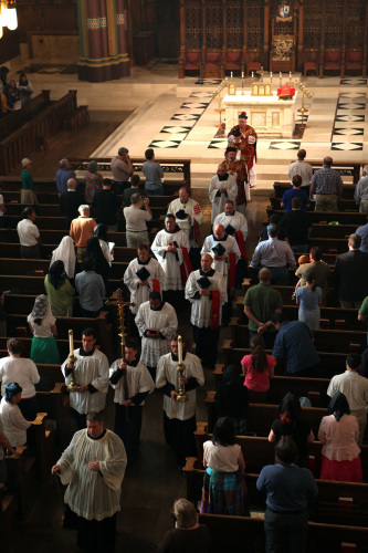 Procession of servers and priests at end of Mass in the Cathedral of the Madeleine, Salt Lake City. 